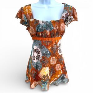 Vtg Y2k Babydoll Peasant Top Size L Orange Fairy Whimsi Paisley Flutter Festival